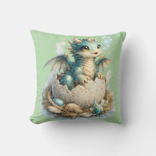 Cute Baby Hatching Dragon Green Throw Pillow