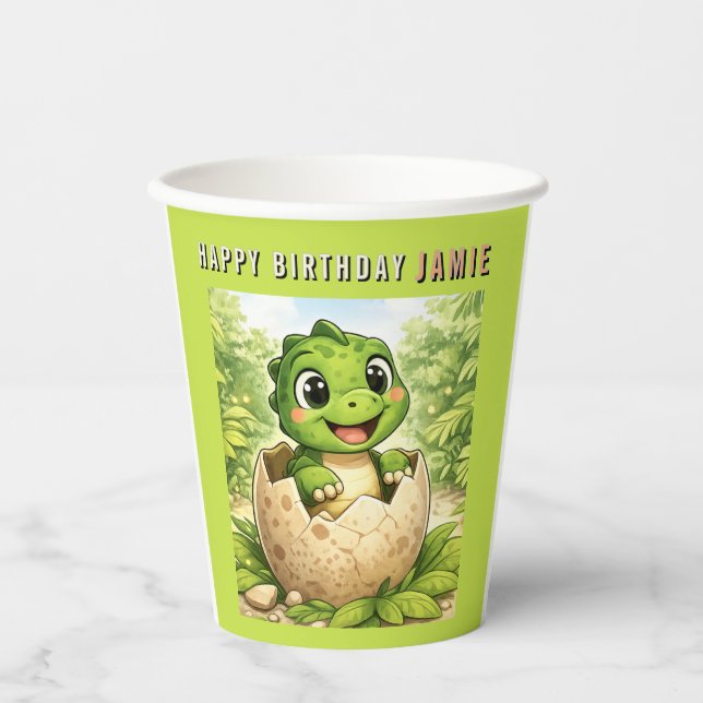 Cute Baby Hatchling Dinosaur Birthday Paper Cups (Front)