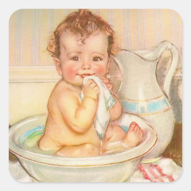 Cute Baby Having a Bath Square Sticker (Front)