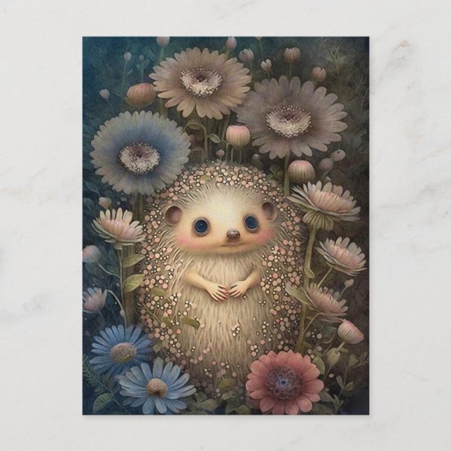 Cute Baby Hedgehog And Flowers Postcard (Front)