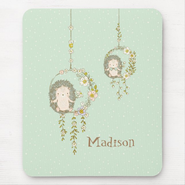 Cute Baby Hedgehog Green Name Mouse Mat (Front)