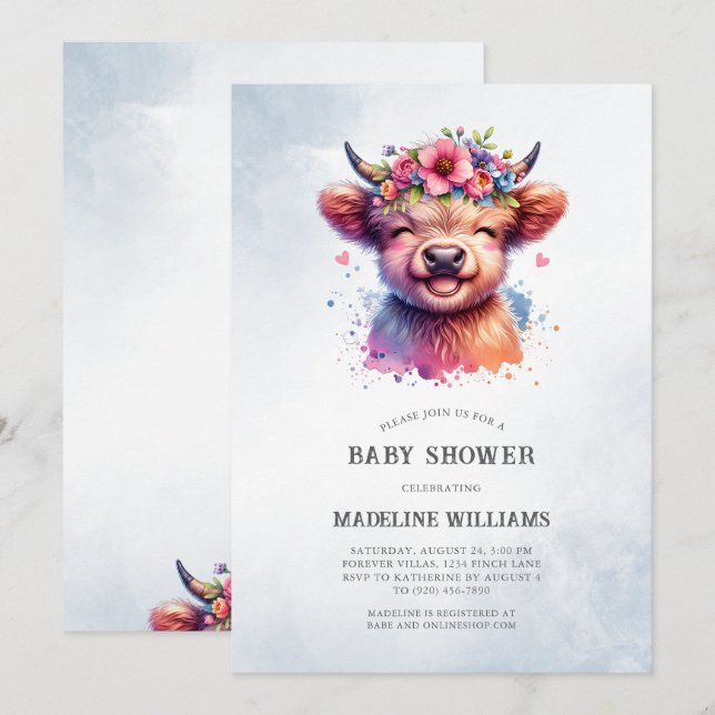 Cute Baby Highland Cow Baby Shower Invitation (Front/Back)