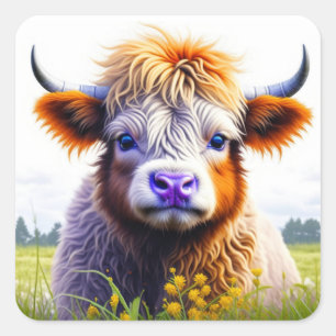 Cute Baby Highland Cow in Field or Flowers Square Sticker