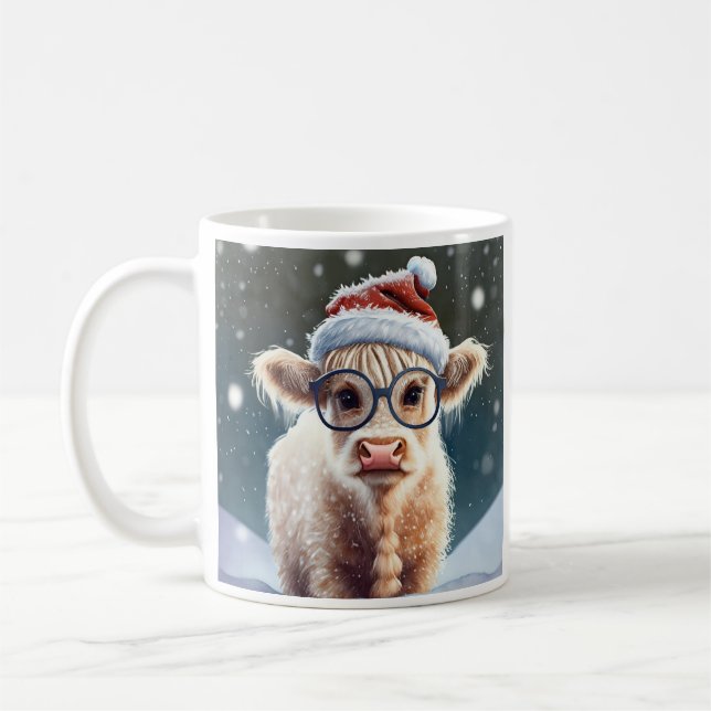 Cute baby Highland Cow In The Snow Coffee Mug (Left)