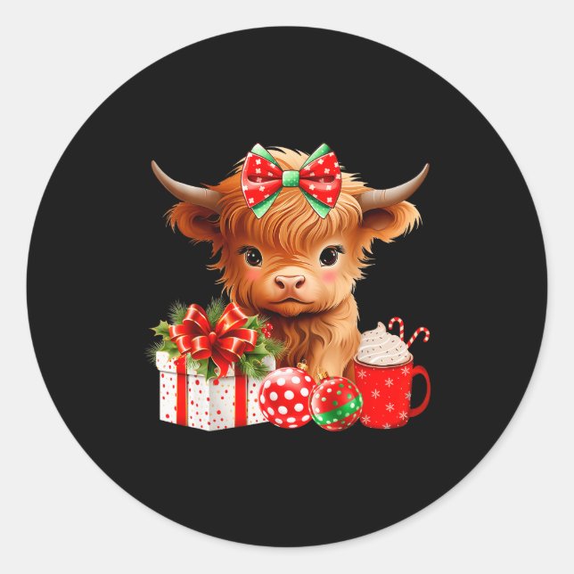 Cute Baby Highland Cow Merry Christmas Farmer Cow  Classic Round Sticker (Front)