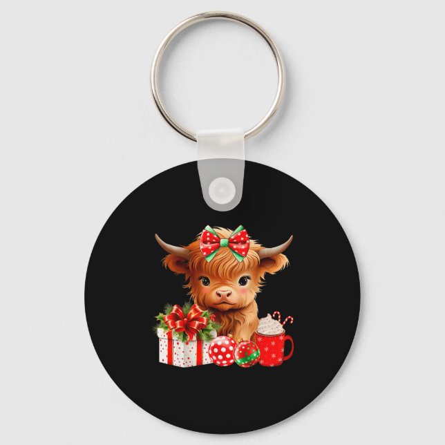 Cute Baby Highland Cow Merry Christmas Farmer Cow  Key Ring (Front)