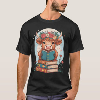 Cute Baby Highland Cow Reading Book Bookworm For T-Shirt