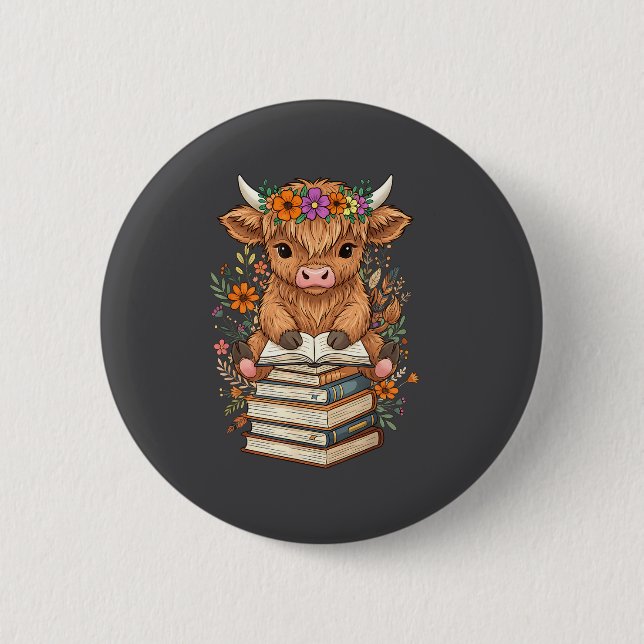 Cute Baby Highland Cow Reading Book Librarian Book 6 Cm Round Badge (Front)