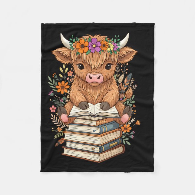 Cute Baby Highland Cow Reading Book Librarian Book Fleece Blanket (Front)