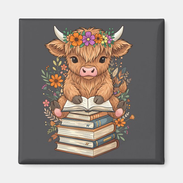 Cute Baby Highland Cow Reading Book Librarian Book Magnet (Front)