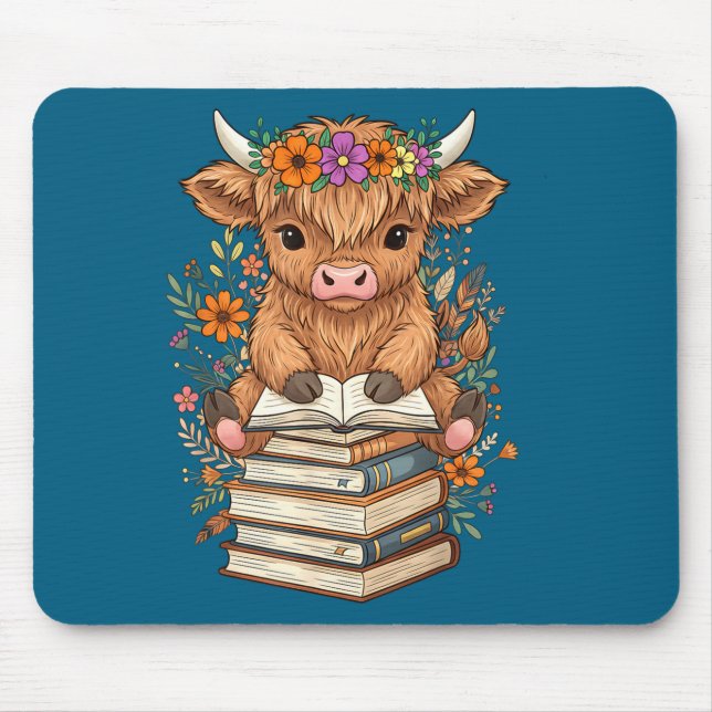 Cute Baby Highland Cow Reading Book Librarian Book Mouse Mat (Front)