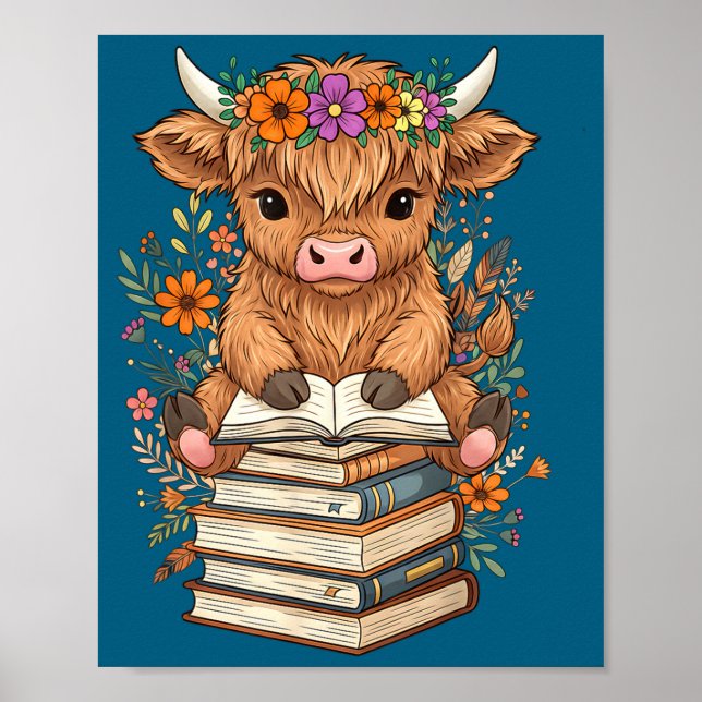 Cute Baby Highland Cow Reading Book Librarian Book Poster (Front)