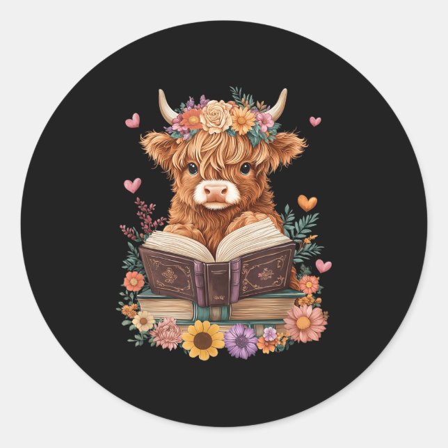 Cute Baby Highland Cow Reading Book Lover Bookworm Classic Round Sticker (Front)