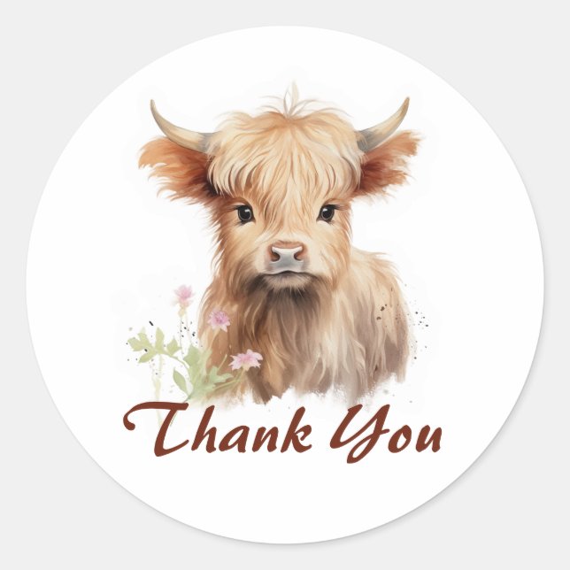 Cute Baby Highland Cow Spring Flowers Personalised Classic Round Sticker (Front)