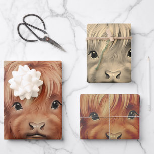 Cute Baby Highland Cow Valentine Hearts 2 Wrapping Paper Sheet