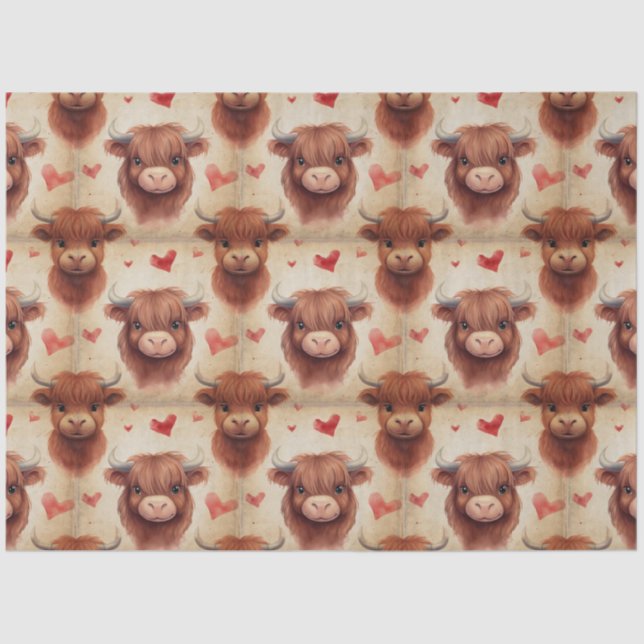 Cute Baby Highland Cow Valentine Hearts Pattern Tissue Paper (Front)