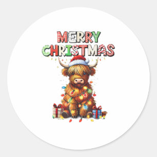 Cute Baby Highland Cow With Christmas Lights Classic Round Sticker