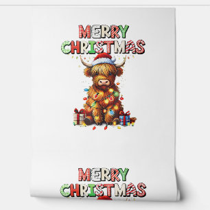 Cute Baby Highland Cow With Christmas Lights  Wallpaper