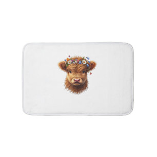 Cute Baby Highland Cow With Crown Of Flowers Calf  Bath Mat