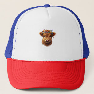 Cute Baby Highland Cow With Crown Of Flowers Calf Trucker Hat