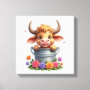 Cute Baby Highland Cow With flowers Calf Animal co Canvas Print