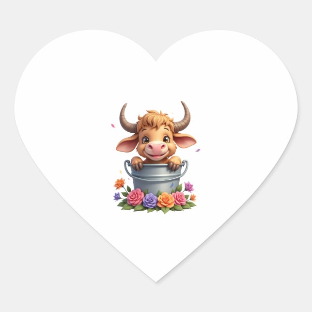 Cute Baby Highland Cow With flowers Calf Animal co Heart Sticker (Front)