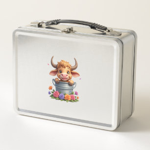 Cute Baby Highland Cow With flowers Calf Animal co Metal Lunch Box