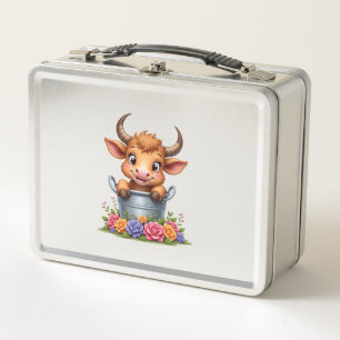Cute Baby Highland Cow With flowers Calf Animal co Metal Lunch Box