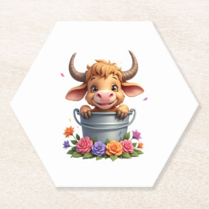 Cute Baby Highland Cow With flowers Calf Animal co Paper Coaster