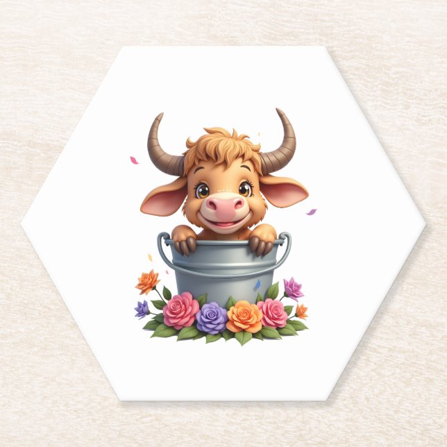 Cute Baby Highland Cow With flowers Calf Animal co Paper Coaster (Front)