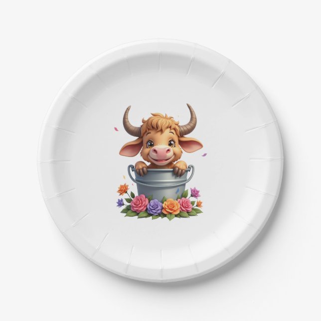 Cute Baby Highland Cow With flowers Calf Animal co Paper Plate (Front)