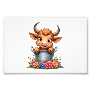Cute Baby Highland Cow With flowers Calf Animal co Photo Print