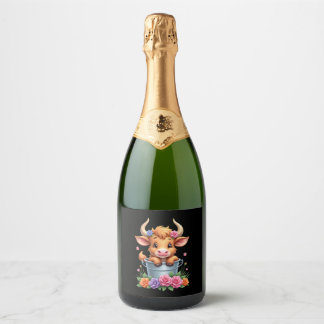 Cute Baby Highland Cow With flowers Calf Animal co Sparkling Wine Label