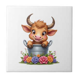 Cute Baby Highland Cow With flowers Calf Animal co Tile
