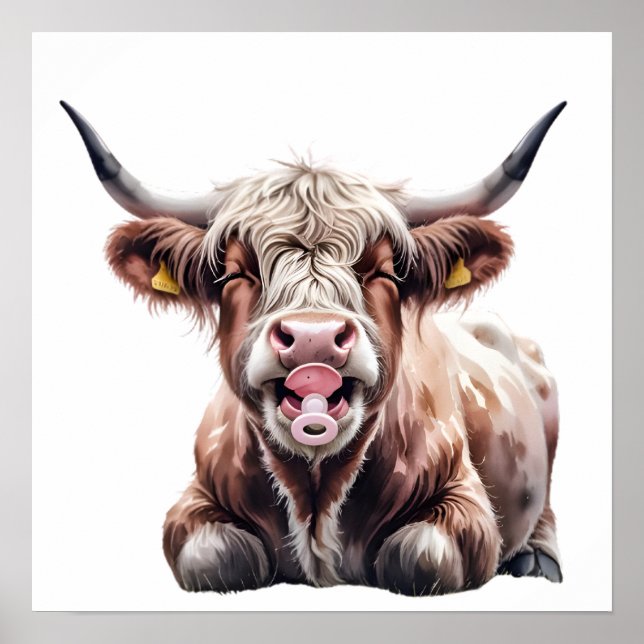 Cute Baby Highland Cow with Flowers – Farm Nursery Poster (Front)