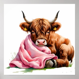 Cute Baby Highland Cow with Flowers Poster
