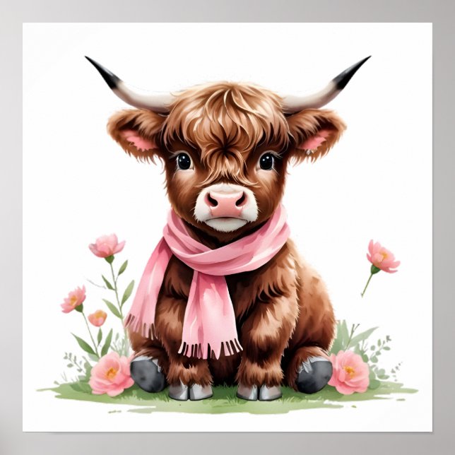 Cute Baby Highland Cow with Flowers Poster (Front)
