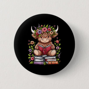 Cute Baby Highland Cow With Reading Book Bookworm  6 Cm Round Badge