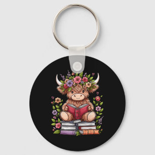 Cute Baby Highland Cow With Reading Book Bookworm Key Ring