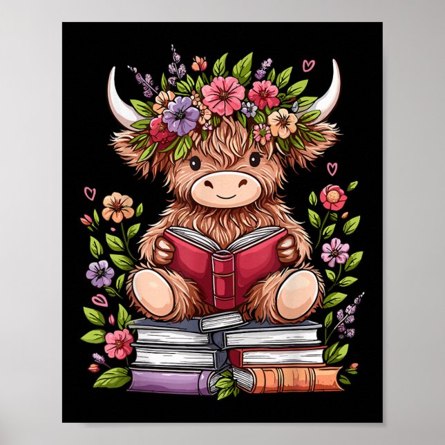 Cute Baby Highland Cow With Reading Book Bookworm  Poster (Front)
