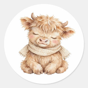 Cute Baby Highland Cow with Scarf Watercolor Stick Classic Round Sticker