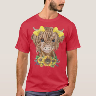 Cute Baby Highland Cow With Sunflowers Farm Farmer T-Shirt