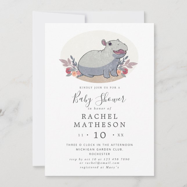 Cute baby hippo baby shower invitation (Front)