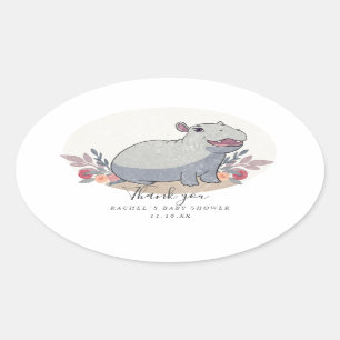 Cute baby hippo baby shower oval sticker