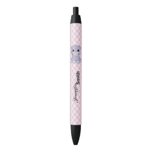 Cute baby hippo cartoon name kids black ink pen