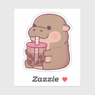 Cute Baby Hippo Drinking Boba Tea