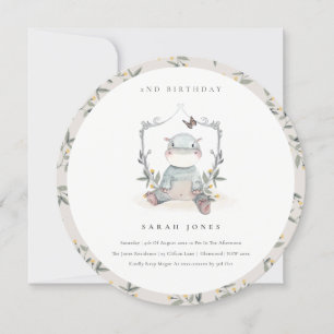 Cute Baby Hippo Foliage Any Age Birthday Invite