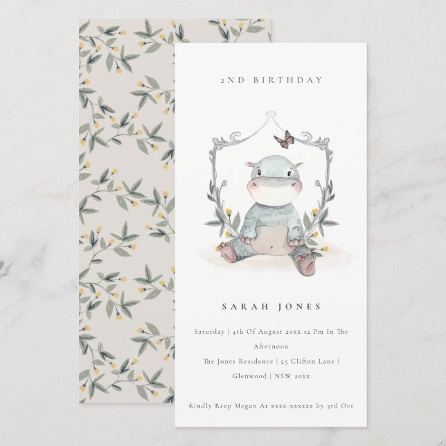 Cute Baby Hippo Foliage Any Age Birthday Invite (Front/Back)