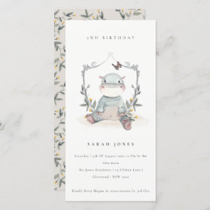 Cute Baby Hippo Foliage Any Age Birthday Invite