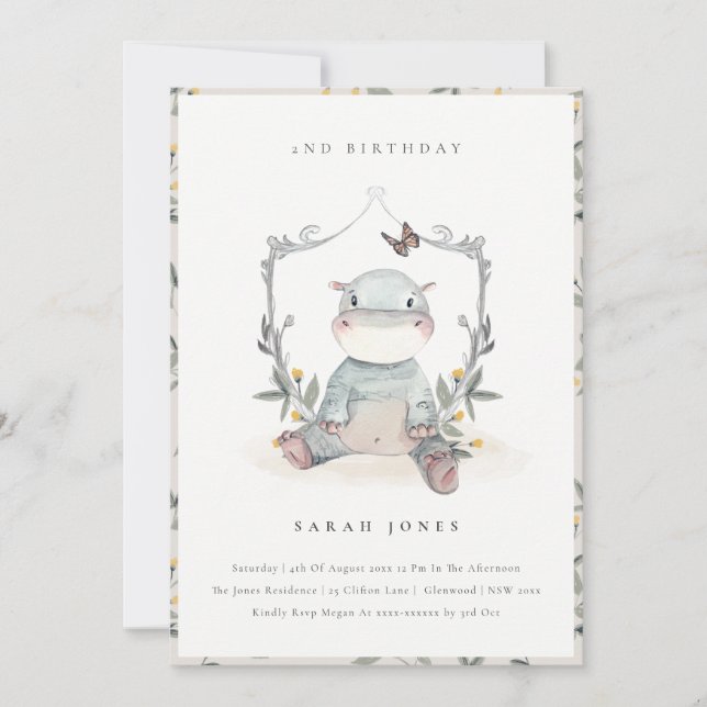Cute Baby Hippo Foliage Any Age Birthday Invite (Front)